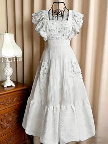 Flirla White Summer Curve Party Elegant French Retro Textured Ruffle Patchwork Ditsy Floral Tea Length Dress,Soft Ruched Collar,Flutter Sleeves,Waist Cinched - Multicolor - View 1