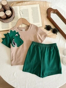 SHEIN LMoss Kids 2件套男婴针织恐龙图案圆领休闲T恤和短裤套装 - 彩色 - 查看 5