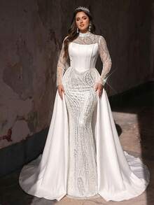 Glamrae Plus-Size Elegant Romantic Luxury Strapless Long-Sleeved Sheer Tulle Dress With Beaded Details And A Long Train - Bridal Gown/White Luxury Evening Dress - White - View 5