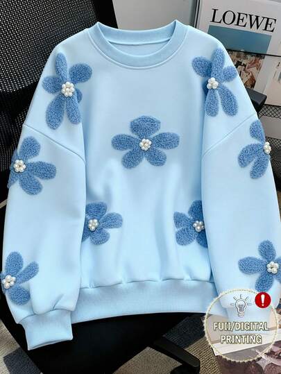 Almamuse Embroidered Floral Print Round Neck Digital Print Plus Size Sweatshirt