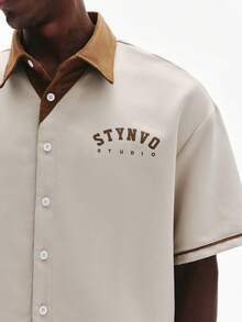 STYNVO Men's Letter Print Short Sleeve Single-Breasted Casual Shirt Men's Button Up Shirt Men's Vacation Shirt Men's Cream Beach Shirt Men's Cream Button Up Men's Beach Button Up - Apricot - View 5