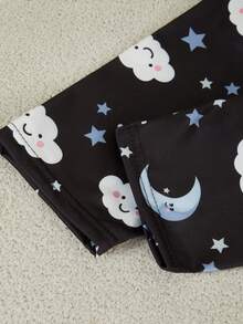 Genkimix Kids 少女睡衣套装 - 两件套睡衣，月亮星星印花，黑色搭配浅蓝色和黄色，圆领长袖上衣和配套长裤，2026夏季假日必备，可爱舒适睡衣，礼物佳品