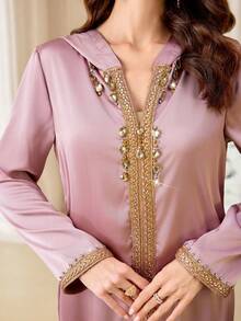 Yasmyna Women's Elegant Long Sleeve Hooded Abaya With Ribbon Trim - Dusty Pink - View 1