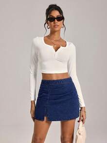 SHEIN Tall Women's Solid Color Draped Slit Casual Denim Skirt - Dark Wash - View 7