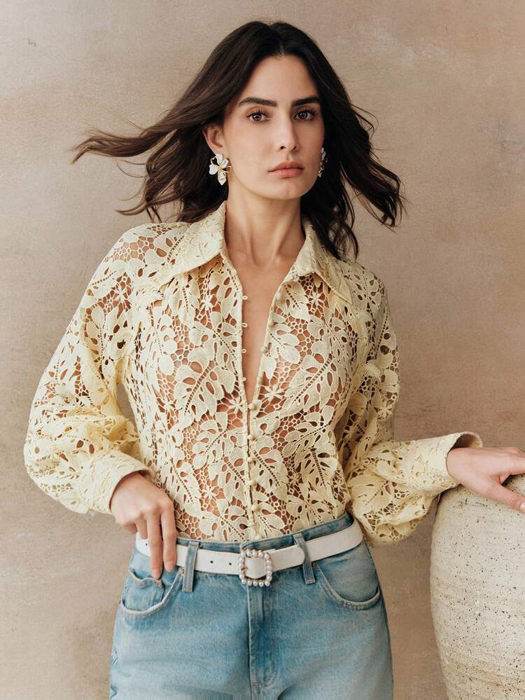 High Quality Fashion Standard Size Women's New French Romantic Lace Blouse Jacket, Oversized Lapel Leaf Floral Hollow Out Loose Asymmetric Hem Ladies Long Sleeve Coat