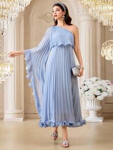 Modelyn 女士纯色不对称喇叭袖褶皱优雅连衣裙 - 淺藍色 - 查看 4