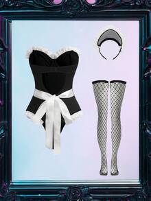 Fantasy Costume Charming Blooming Sexy PU Jumpsuit - Black and White - View 7