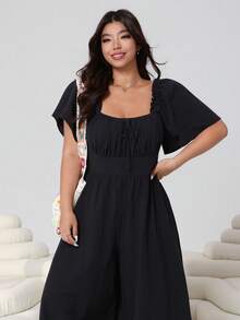 Solflare Bộ áo liền quần tay ngắn bồng bềnh đa năng, màu đen, cỡ lớn, phù hợp cho mùa Xuân/Hè 2026, thích hợp mặc hàng ngày, dự tiệc, hẹn hò, sinh nhật, lễ hội âm nhạc, đi học, đi làm, đi nghỉ mát. Kiểu dáng trễ vai, chất liệu cotton pha mềm mại, dáng rộng, dài. - màu đen - Xem 6