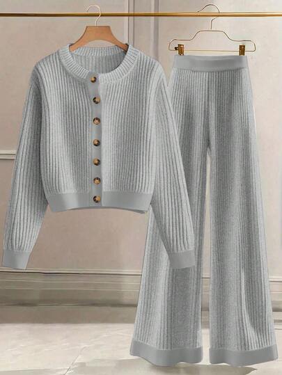 Franclia Women's Solid Color Long Sleeve Single-Breasted Knit Cardigan And Wide Leg Pants Casual 2 Pieces Set, Autumn/Winter