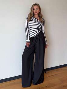 Jeta Ari 不对称条纹腰部镂空优雅浪漫女士长袖T恤，休闲通勤装，万圣节，黑白 - 黑與白 - 查看 5