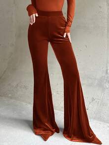 Firerie Quần ống loe cạp cao ôm sát bằng nhung màu đỏ tía, kiểu dáng thanh lịch, thoải mái, đa năng, phù hợp cho mùa thu/đông, đi sân bay, đi làm, công sở, mùa thu ấm áp, Giáng sinh, năm mới. - Rỉ Nâu - Xem 3