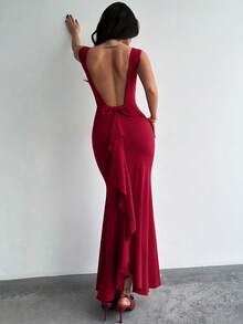 Firerie 女士优雅浪漫约会派对长裙，红色无袖船领露背大蝴蝶结装饰荷叶边下摆修身长裙，适合情人节约会，优雅大方，新款女士连衣裙 - 紅色 - 查看 5