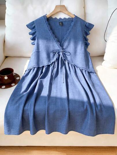 Linhara Plus Size Summer Casual Contrast Lace Front Tie Dress