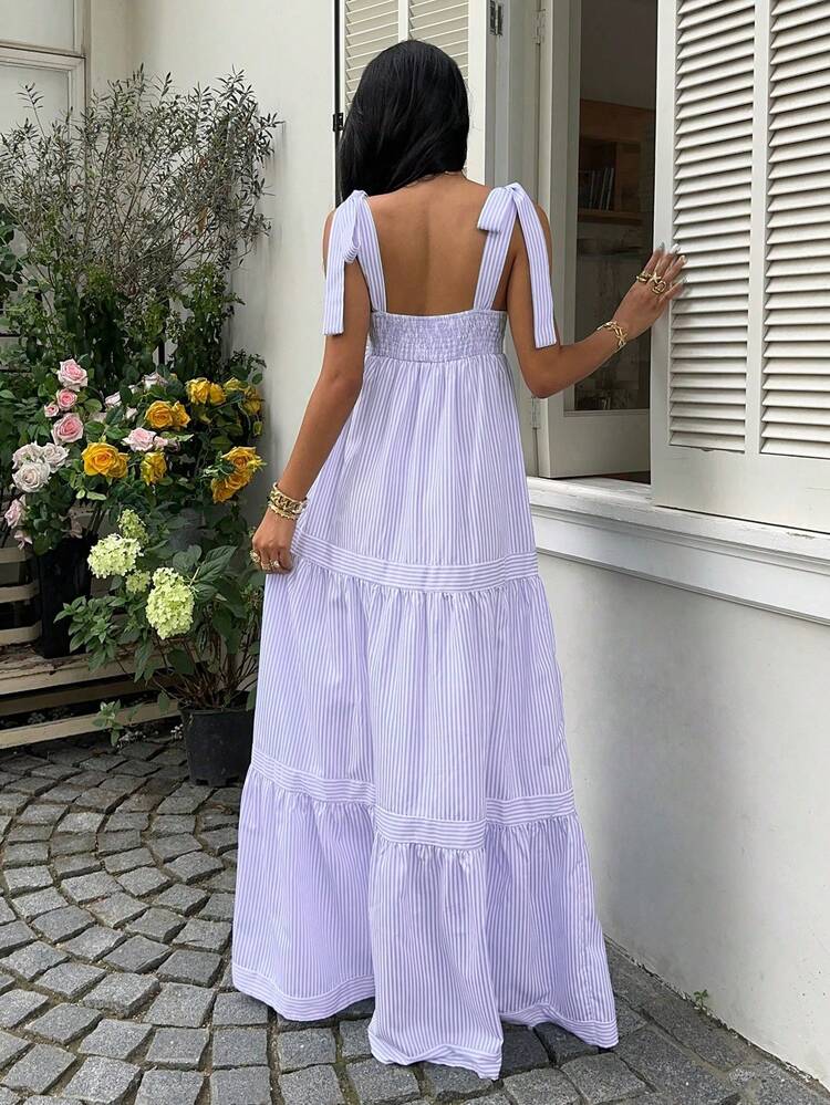 Sunnyshic Vestido maxi acampanado con espalda abierta y lazada, cuello cuadrado a rayas azules, cintura alta y sin mangas, para primavera/verano y resort - Azul y blanco - Añade 2