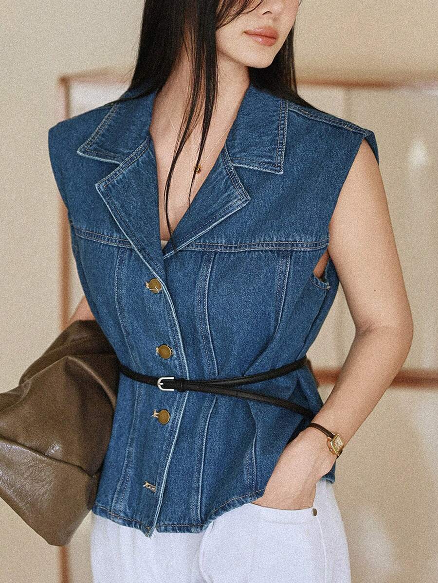 DAZY 女士翻领无袖短款休闲水洗牛仔外套 - 深色水洗藍 - 查看 1