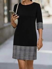 Editum 女士黑色PU拼接针织直筒连衣裙，适合日常通勤，百搭黑色连衣裙，黑色职业装，商务休闲女装上衣，黑色女式衬衫，优雅斜纹软呢连衣裙，休闲黑色连衣裙 - 黑與白 - 查看 7