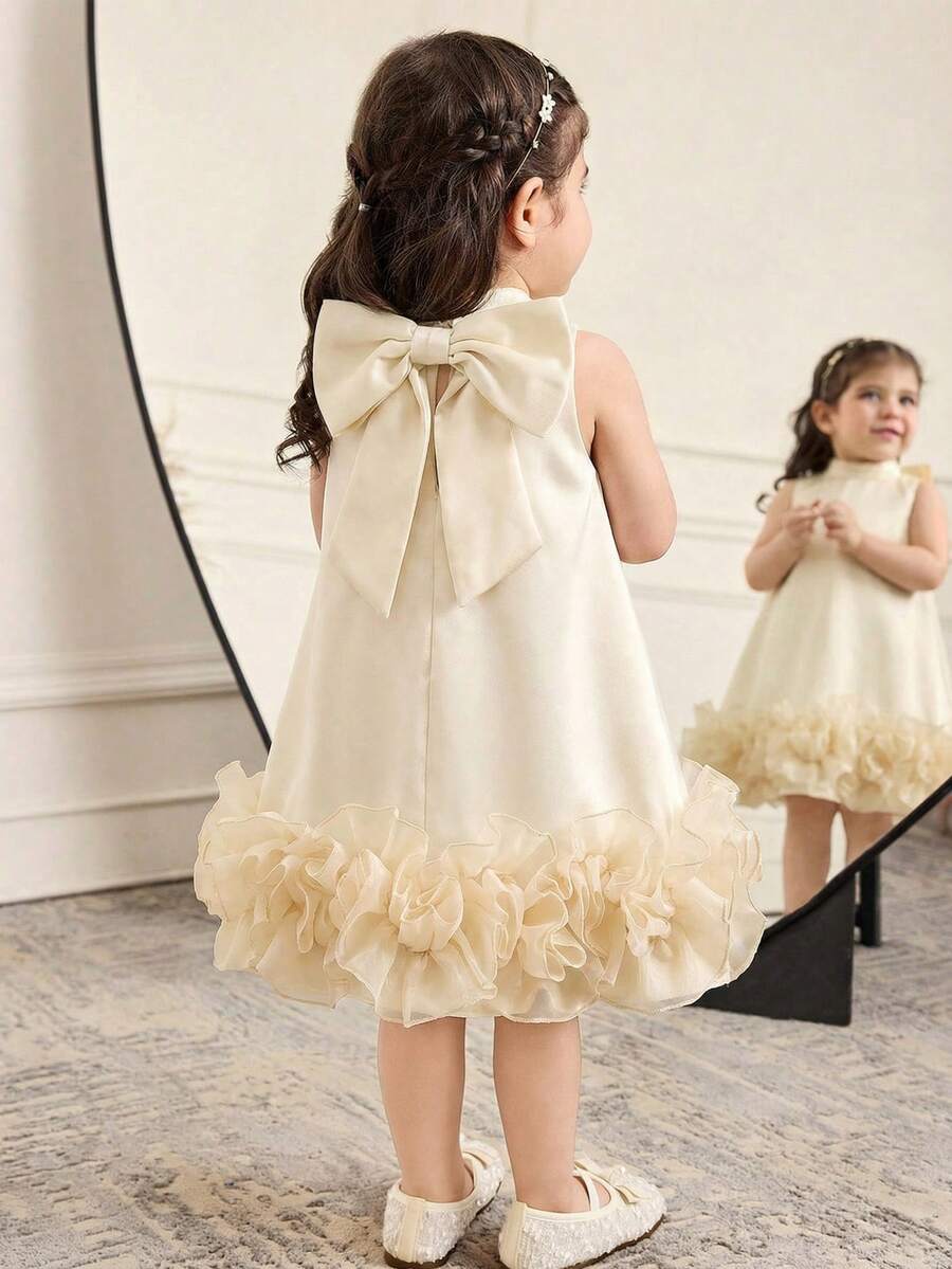 SHEIN Babygirl Cute & Elegant Apricot Floral Organza Sleeveless Loose Dress