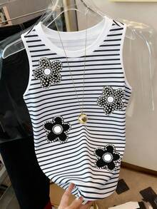 Resyla Women's Striped Round Neck Rhinestone Heart Graphic Casual Versatile Daily Wear Top - Multicolor - View 3