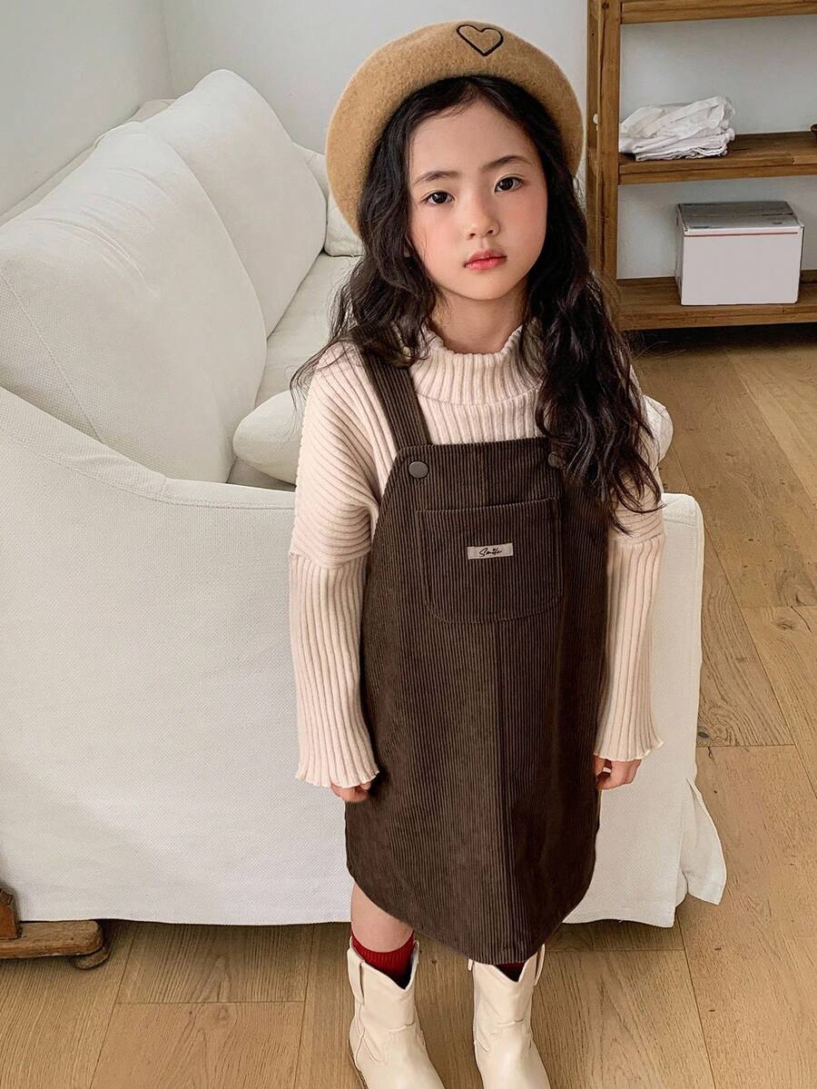 DAZY 少女字母印花口袋设计背带裙 - 棕色 - 查看 1