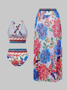 Swim Oasis 女士夏季沙滩印花时尚性感比基尼泳衣套装，含罩衫和裙子 - 彩色 - 查看 8