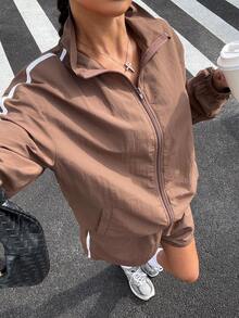 Muchica Conjunto de 2 piezas de chaqueta con cremallera y pantalones cortos casuales y sueltos para deportes al aire libre para mujer, primavera/verano - Marrón - Ver 1