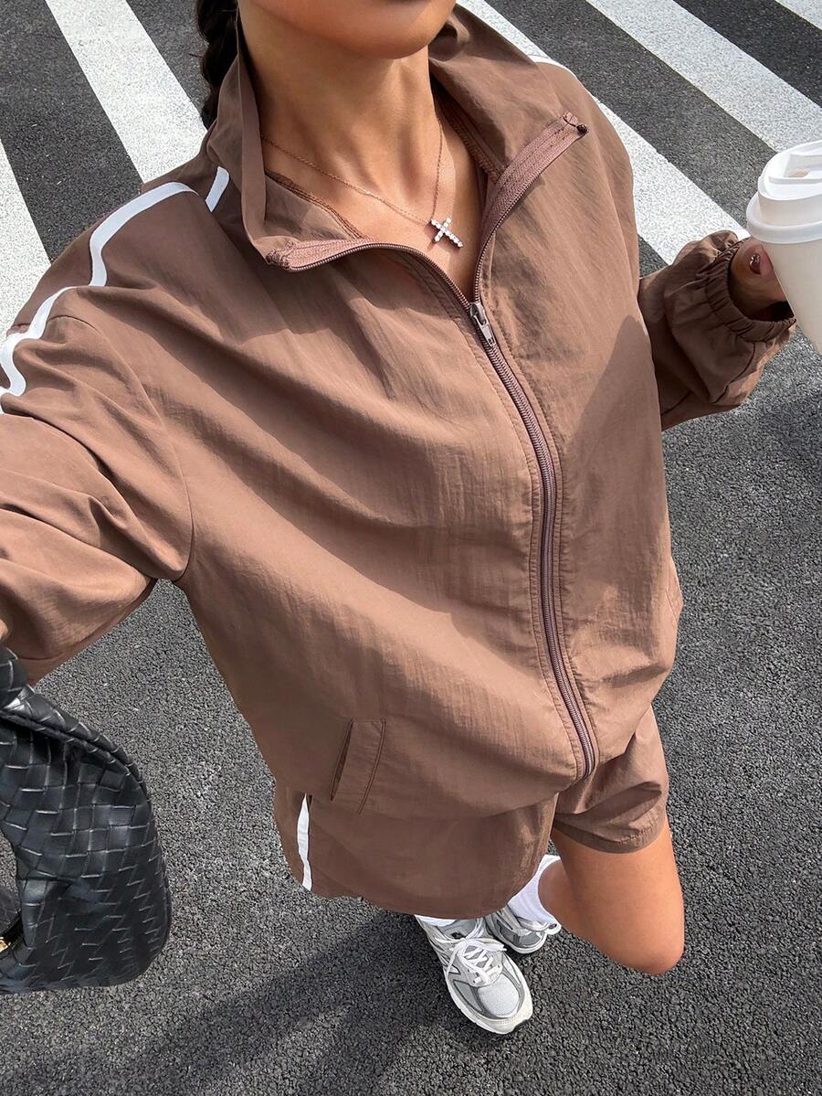 Muchica Conjunto de 2 piezas de chaqueta con cremallera y pantalones cortos casuales y sueltos para deportes al aire libre para mujer, primavera/verano - Marrón - Ver 1