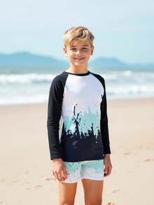 Boys' Long Sleeve Patchwork Swimsuit + Swim Trunks 2-Piece Swimwear Set - Multicolor - View 8