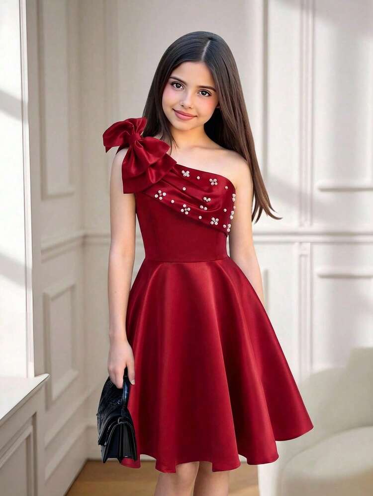 Teen Girl's Elegant Luxurious Red 3D Bowknot Beaded Waist Flared Midi Dress, Suitable For Parties, Galas, Short Formal Dress, Red Dress, Valentine's Day, Teen Elegant Dress, Teen Banquet Dress, Burgundy Young Girls Formal Dress,Kids - Red - View 4