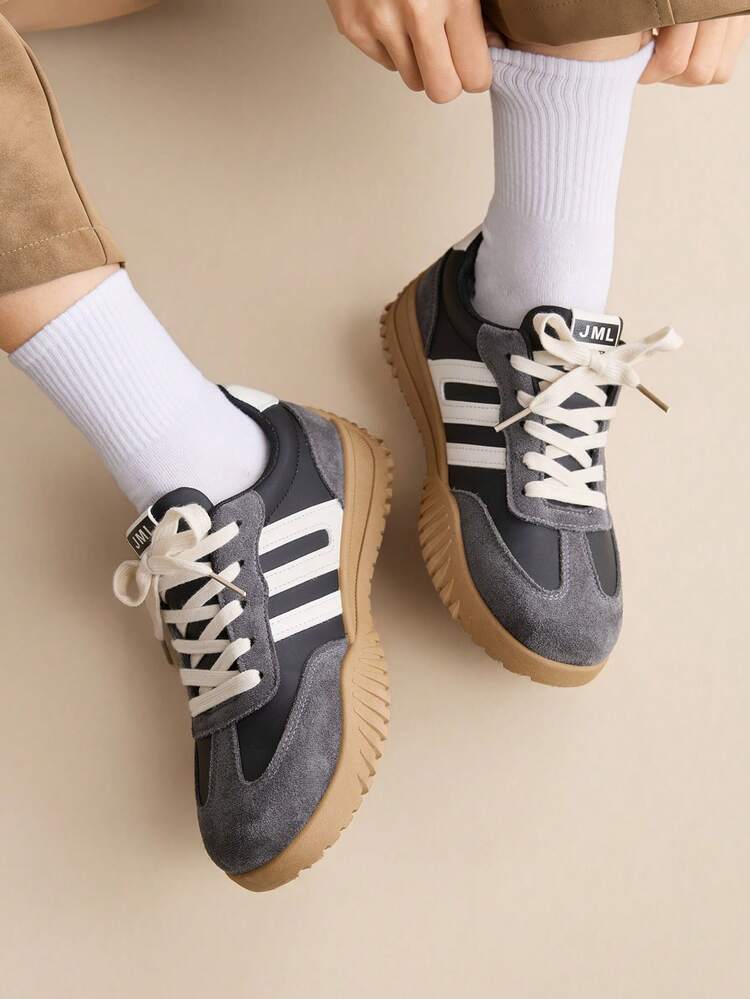 CUCCOO EASI コントラストカラー ソリッド プレッピー カジュアル ジム スニーカー レディース、レースアップ ブラウン パッチワーク フラット レトロ カジュアル アウトドア スポーツ ランニングシューズ