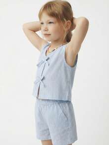 Maija Kids Maija Kids 2件套少女梭织条纹圆领上衣和梭织短裤 - 藍色 - 查看 2