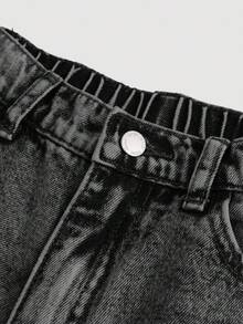 SHEIN 少女Y2K复古水洗高腰猫须水洗宽松直筒牛仔裤，秋冬返校街头风 - 黑色 - 查看 3