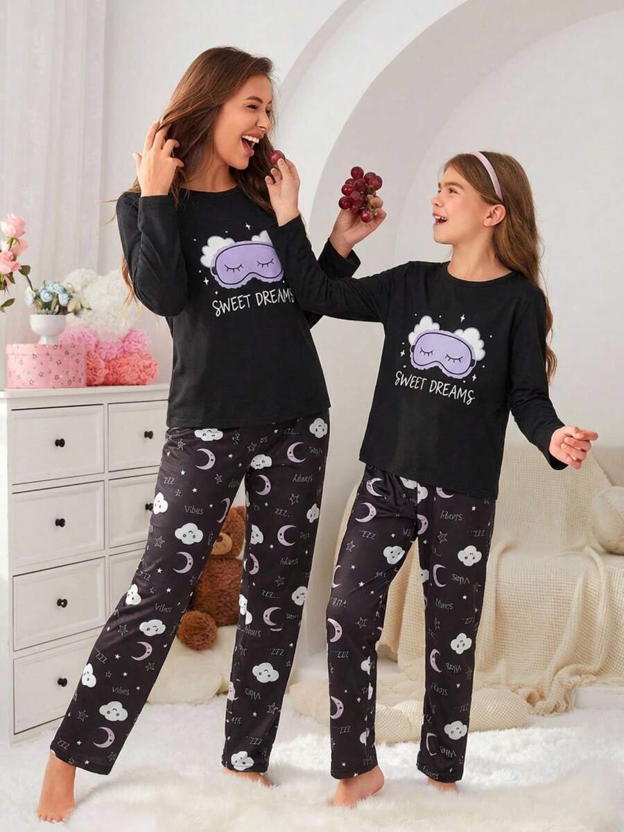 Genkimix Kids Girls Minimalist Fuchsia Eyelash Print Long Sleeve Top And Pants 2 Pieces Pajama Set