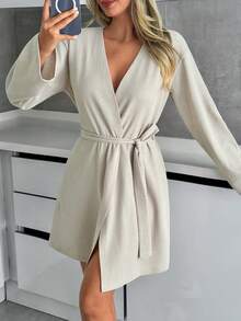 SHEIN Women Waffle Knit Homewear Robe With Belted Comfort Lounge Robe - Beige - View 3