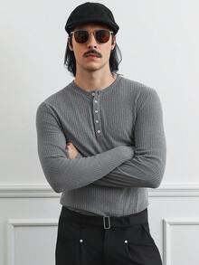 HUEFORM 男士休闲纯色半开襟T恤 - 淺灰色 - 查看 3