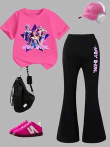 2pcs/Set Girls Casual Fashion T-Shirt And Flare Pants Outfit, Featuring Cool Cartoon Character Prints, Suitable For Spring, Autumn And Winter Seasons, Great For School, Casual Outings, Parties, Outdoor Activities, And Gifts - Multicolor - View 5