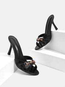 CUCCOO SZL Giày sandal cao gót nữ màu trơn, trang trí dây xích, thời trang, thanh lịch, thích hợp cho kỳ nghỉ xuân, lễ Phục sinh. - Lưới kim loại màu đen PU - Xem 2