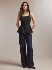 BizChic New Spring/Summer Black Square Neck Front Open Metal Rhinestone Decor Vest, Versatile For Layering, Y2K, Office, Business, Social Occasions - Black - View 8