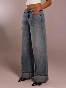Quần jeans ống rộng màu xanh xám cạp thấp đa năng, phong cách thường ngày, phù hợp với mọi phong cách, mùa hè mới - Rửa trung bình - Xem 4