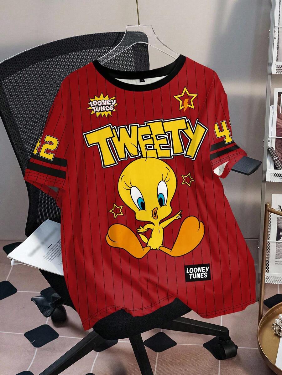 LOONEY TUNES X SHEIN Plus Size Summer Casual Striped Cartoon Pattern Round Neck Short Sleeve T-Shirt - White - View 1