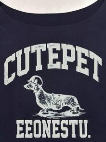 INAWLY Women's Casual Letter Print Asymmetric Neck Loose Short Sleeve T-Shirt, Summer Graphic Tees Women Tops - Navy Blue - View 3