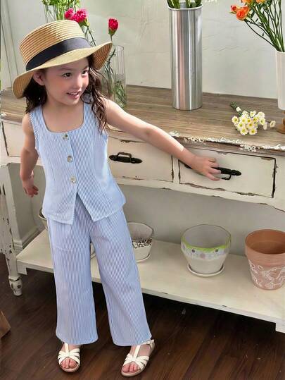 女童无袖衬衫套装，正面饰有混合花卉纽扣，下摆开衩并采用双层荷叶边设计；搭配阔腿条纹裤，宽松版型，修身显瘦；蓝白条纹图案带来清新气息，混合花卉纽扣增添细节，适合休闲外出或轻松休闲场合。