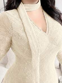 Feyla Plus Size Elegant Contrast Lace V-Neck Waist Cinched Dress, Autumn - Apricot - View 1