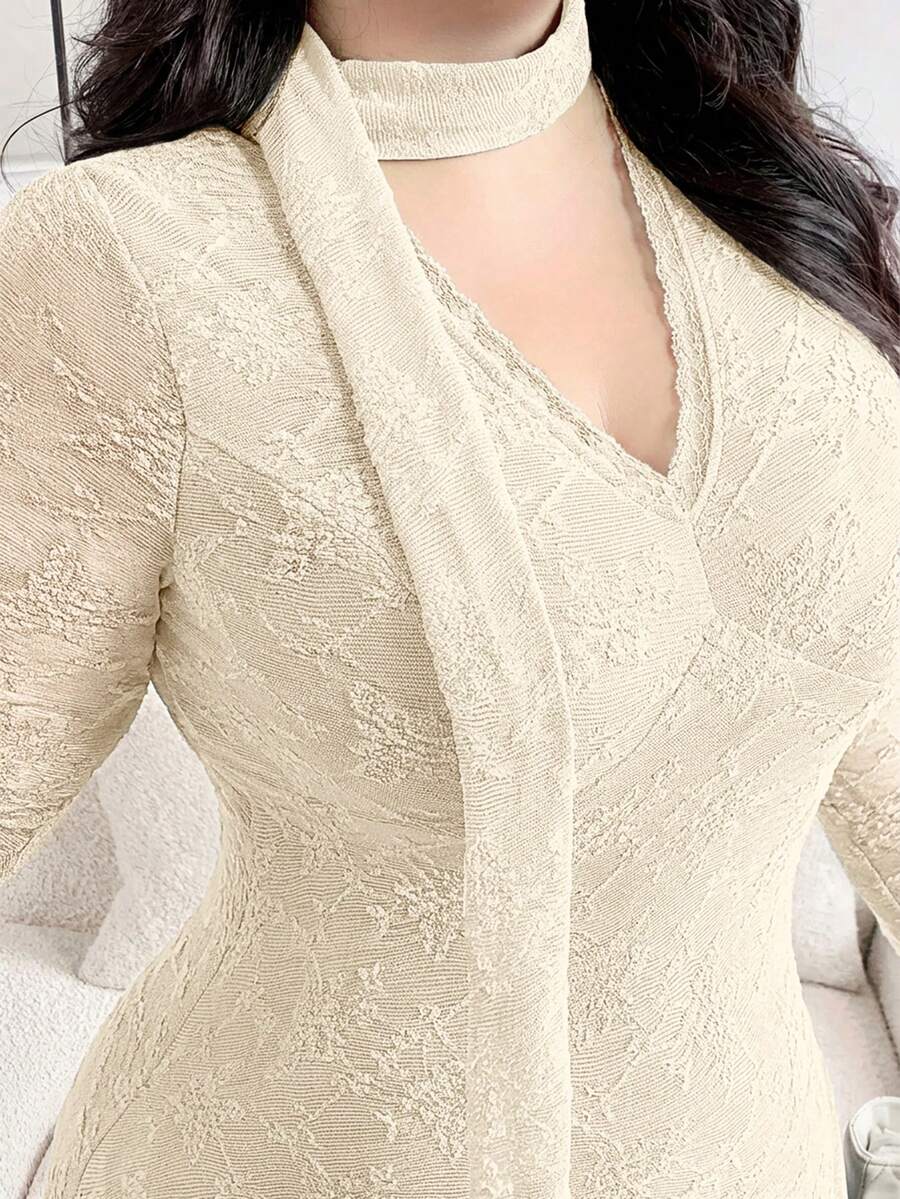 Feyla Plus Size Elegant Contrast Lace V-Neck Waist Cinched Dress, Autumn - Apricot - View 1