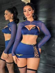 Fantasy Costume Bộ đồng phục 6 món dành cho nữ: Đầm ôm sát tay dài bằng vải lưới bóng, thắt dây và tất lưới. - Màu xanh hải quân - Xem 4