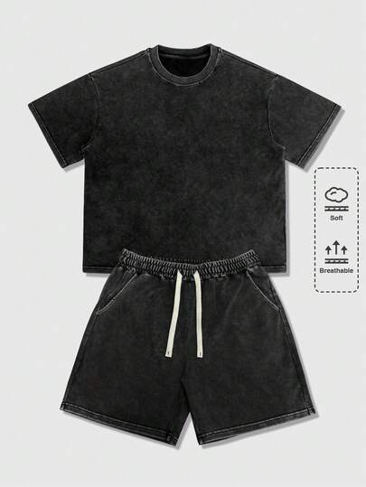 ROMWE MEN Men's Casual Fashion Street Daily Commute Washed Short Sleeve T-Shirt And Drawstring Waist Shorts Set, Summer