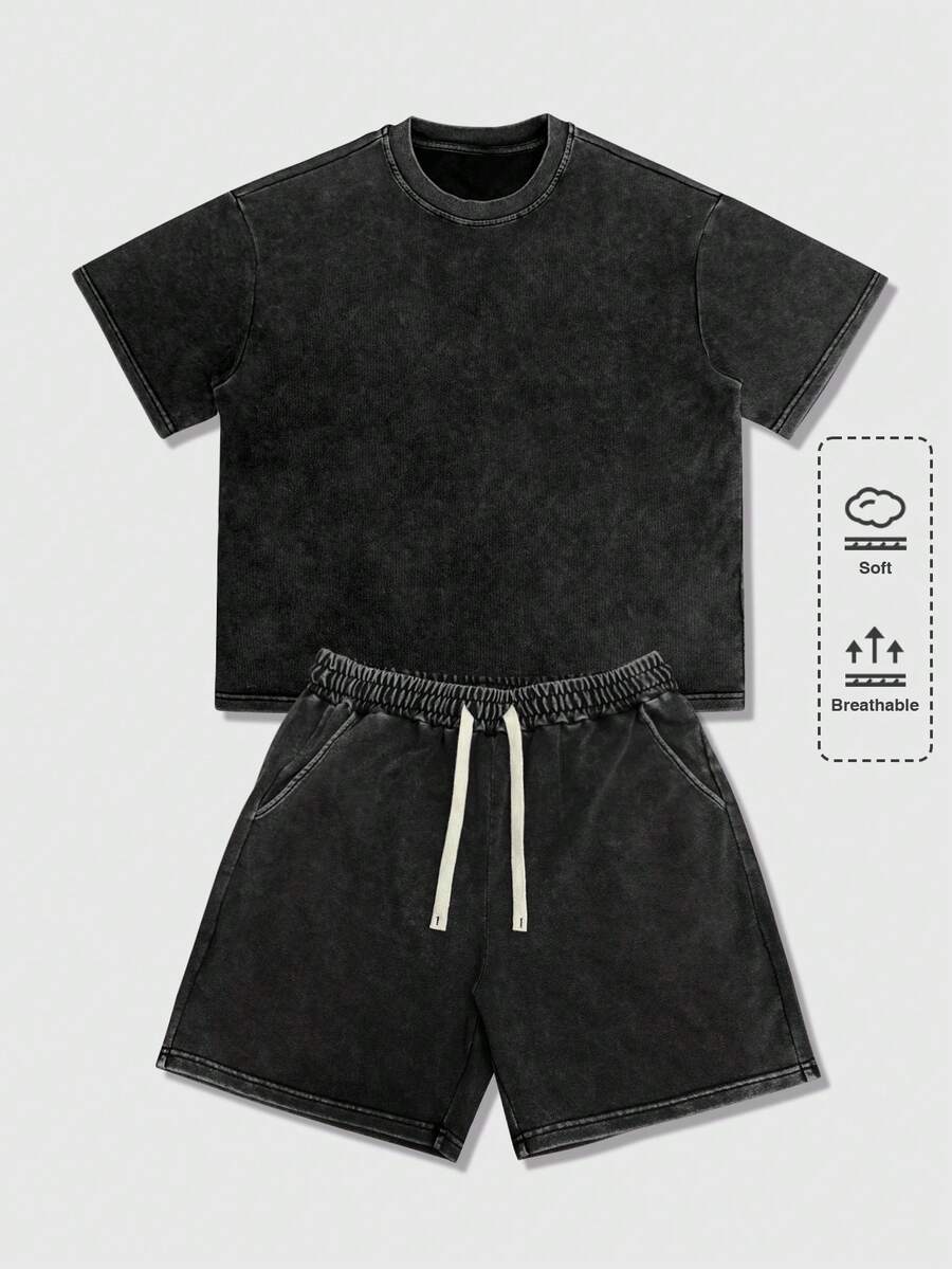 ROMWE MEN Essentials Bộ đồ nam thường ngày phong cách đường phố, áo thun ngắn tay và quần short cạp chun, thích hợp mặc đi làm, mùa hè. - màu đen - Xem 1