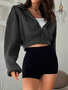 Aloruh Áo khoác nỉ trùm đầu có khóa kéo phía trước dành cho nữ với thiết kế thời trang, ngắn, thu/đông, áo dài tay - Màu xám đen - Xem 4