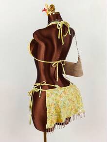 Amplova 3pcs Women's Sequin Embroidered Sexy Swimsuit Set, Fashionable For Vacation, Shiny Yellow - Multicolor - View 1