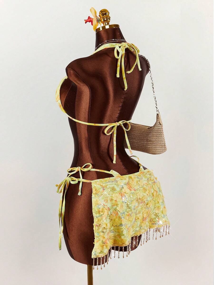 Amplova 3pcs Women's Sequin Embroidered Sexy Swimsuit Set, Fashionable For Vacation, Shiny Yellow - Multicolor - View 1