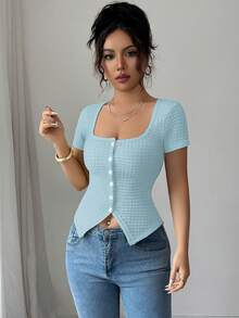 Selianne Women's Summer Square Neck Fitted T-Shirt, Knitted Crinkle Texture Fabric, Front Slit Hem Cardigan, Suitable For Casual, Party, Date, Vacation Wear Baby Blue Top Women Baby Blue Tops Women Tops Light Blue Top Sexy Top Fitted Tops Sexy Women Tops Clothes For Ladies - Blue - View 4